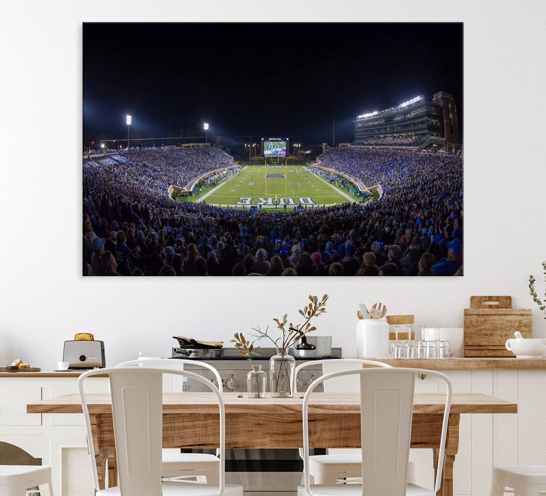 Under bright lights at night, the Duke Blue Devils Football Team Durham canvas wall art print is prominently displayed.