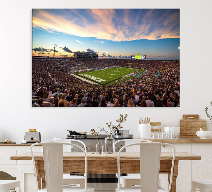 A vibrant wall art canvas captures a sunset scene at Orlandos FBC Mortgage Stadium, featuring the UCF Knights.