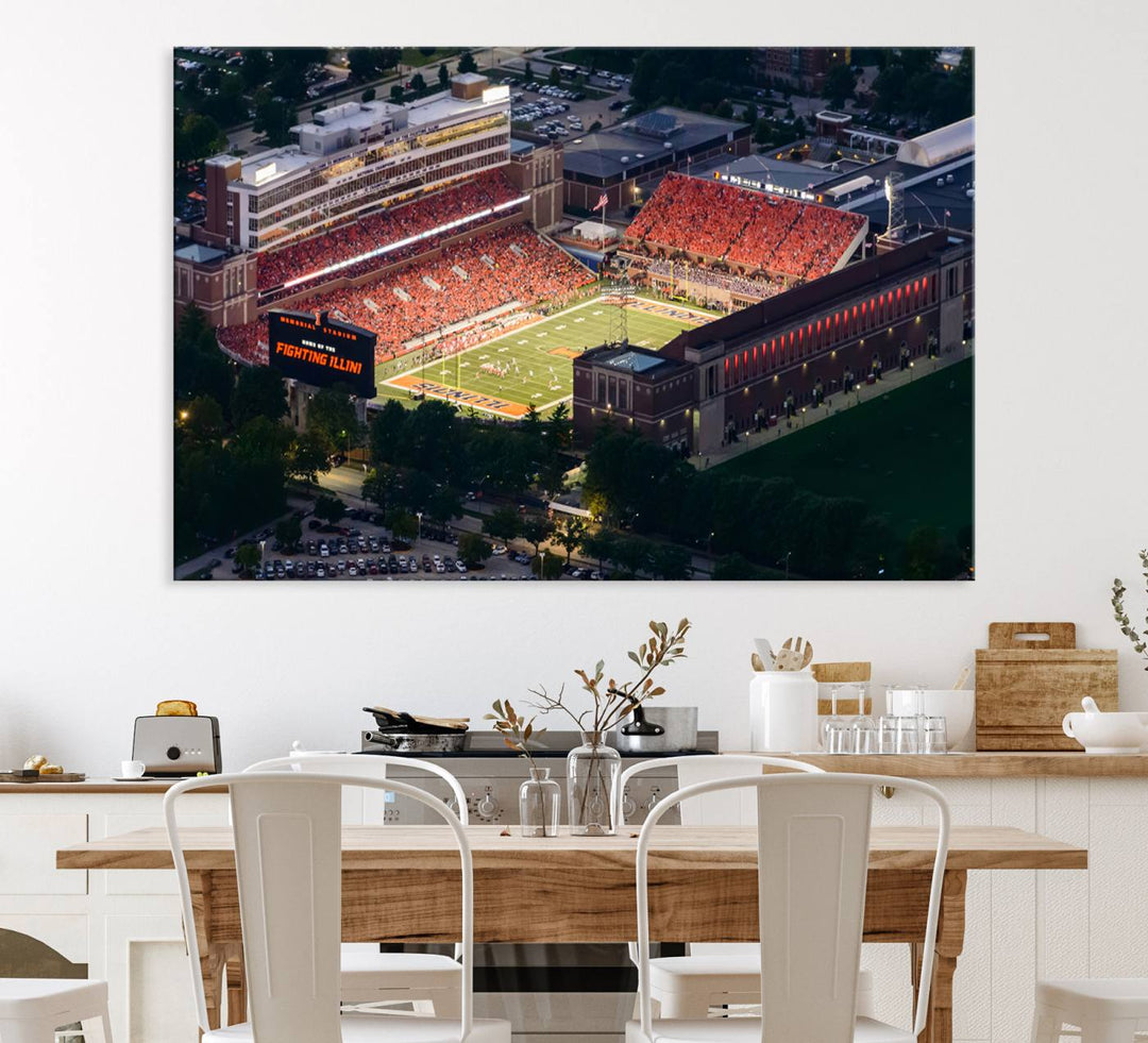 Aerial view of the University of Illinois Memorial Stadium on premium canvas, capturing buildings and greenery at dusk.