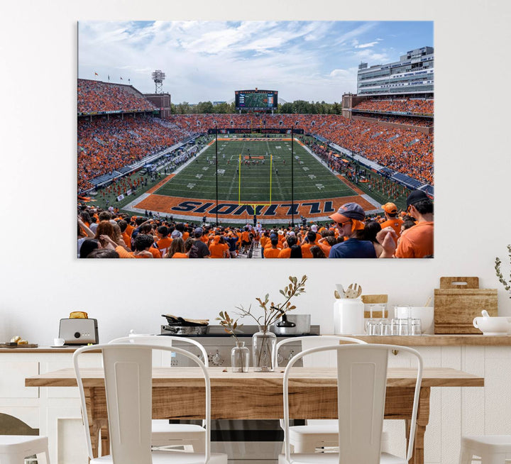 The Illinois stadium packed with orange-clad fans makes for a premium University of Illinois canvas wall art.