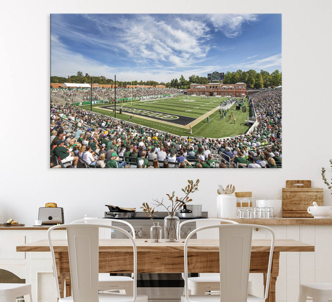 The University of Charlotte 49ers stadium print adds flair to a modern living room wall with its vibrant scene and clear sky.