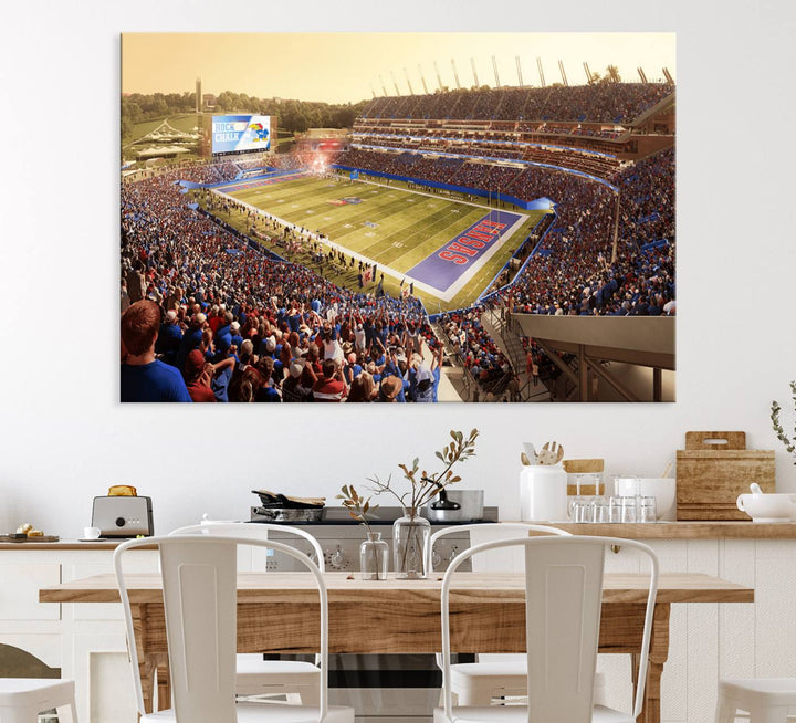 A premium University of Kansas Jayhawks Football Team canvas print captures the essence of a sunset football game, filling the stadium with vibrant energy.