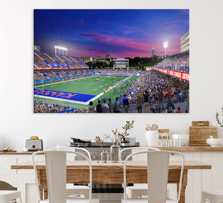 A canvas art piece depicting the Kansas Jayhawks stadium at twilight, vibrant in a modern setting.