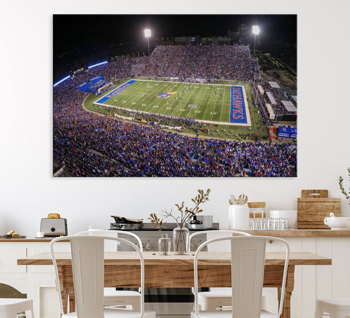 A canvas depicting an aerial view of the University of Kansas Memorial Stadium, showcasing bright lights and a lush green field at night.