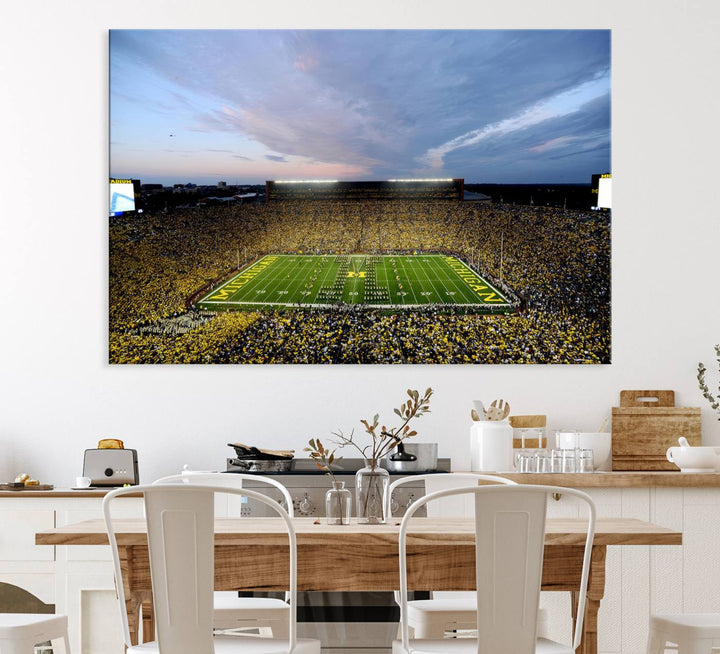 Gallery-quality canvas print of Michigan Stadium at sunset.