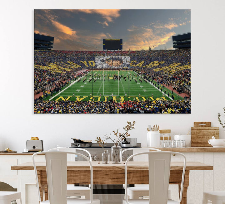 A giant image resembling Michigan Wolverines Wall Art depicts a football field beneath a dramatic sky.