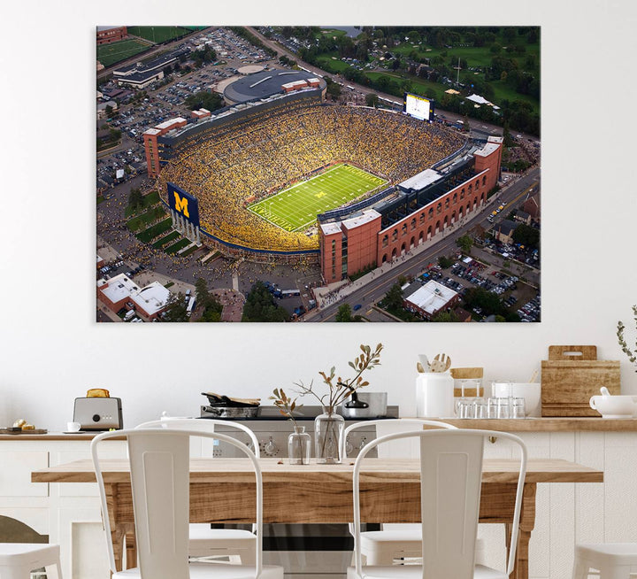 Canvas print featuring an aerial view of Ann Arbor Michigan Stadium filled with Wolverines fans.