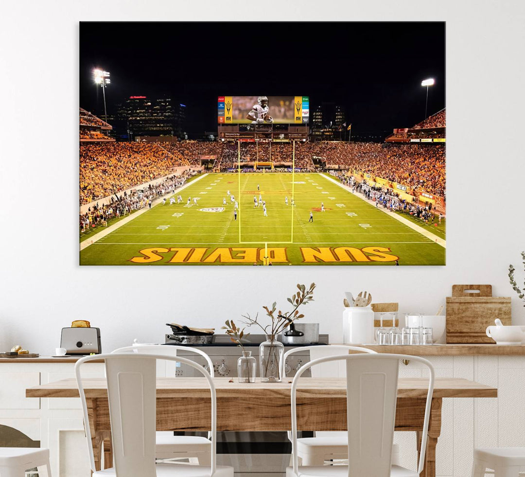 ASU Sun Devils Football Team Print - Wall Art Canvas featuring the Sun Devils end zone at Phoenix Mountain America Stadium.