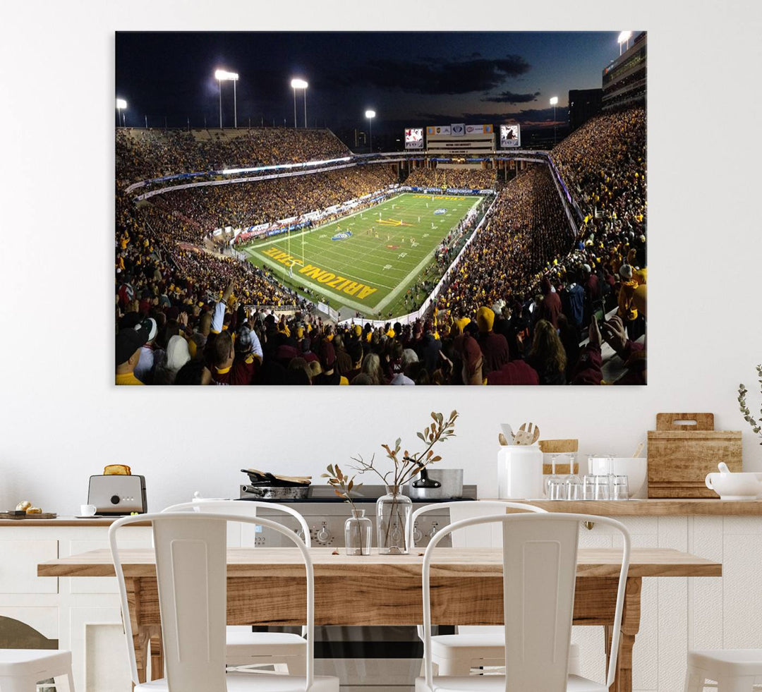 A room featuring an ASU Sun Devils Football Team Print, capturing fans at Phoenix Mountain America Stadium at dusk.