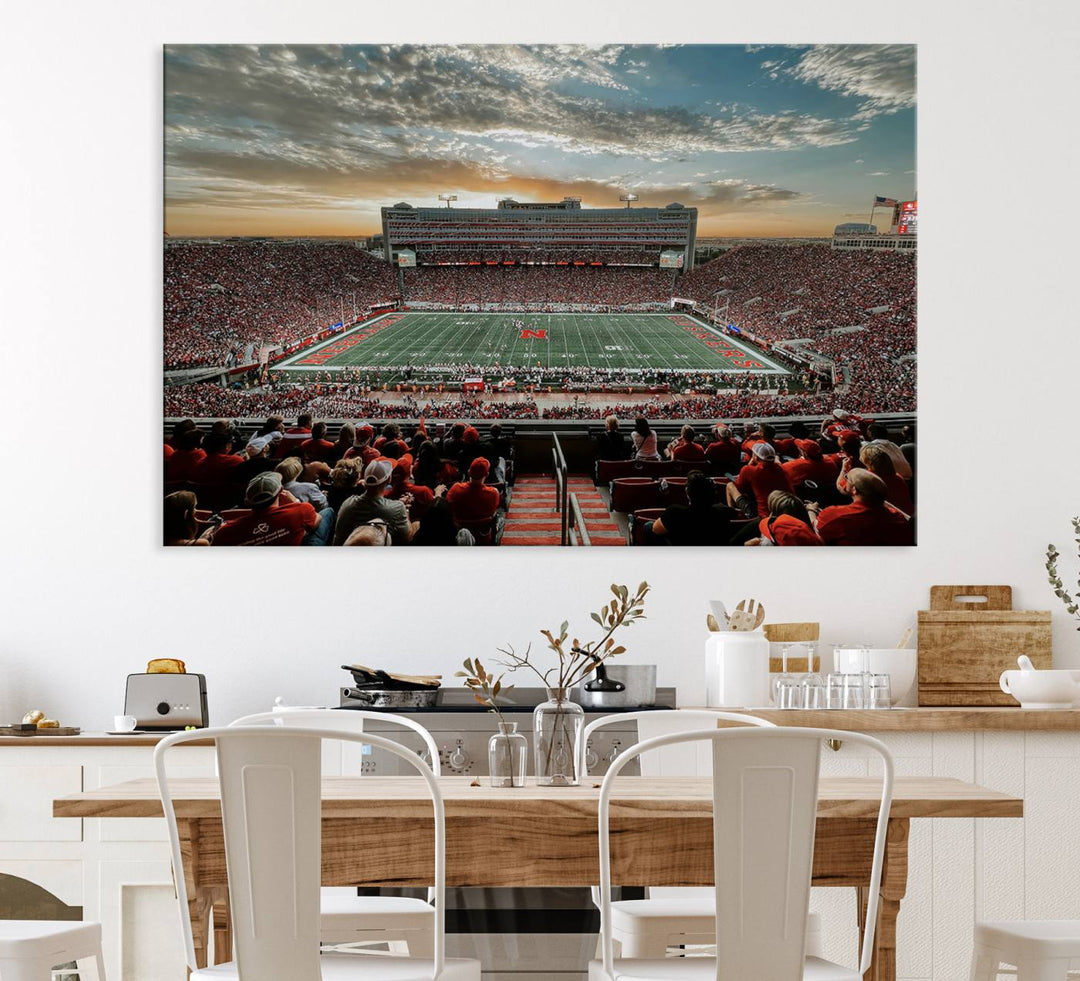 This stunning canvas wall art print features a packed Lincoln Memorial Stadium with the University of Nebraska Cornhuskers at sunset.