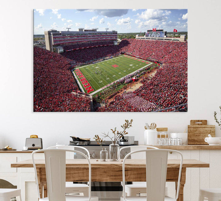 Wall art canvas print depicting a wide-angle view of Lincoln Memorial Stadium during a University of Nebraska game.