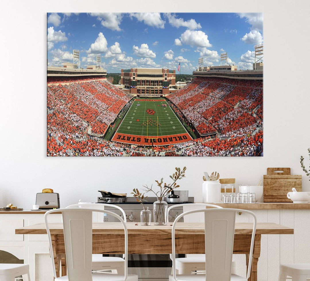 Boone Pickens Stadium was adorned with vibrant murals of Cowboys under a bright blue, cloud-speckled sky.