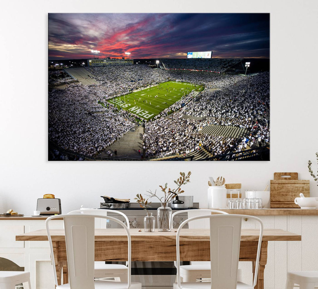 A sunset print on a canvas wall art piece captures the scene of white-clad fans at Beaver Stadium for the Nittany Lions game.