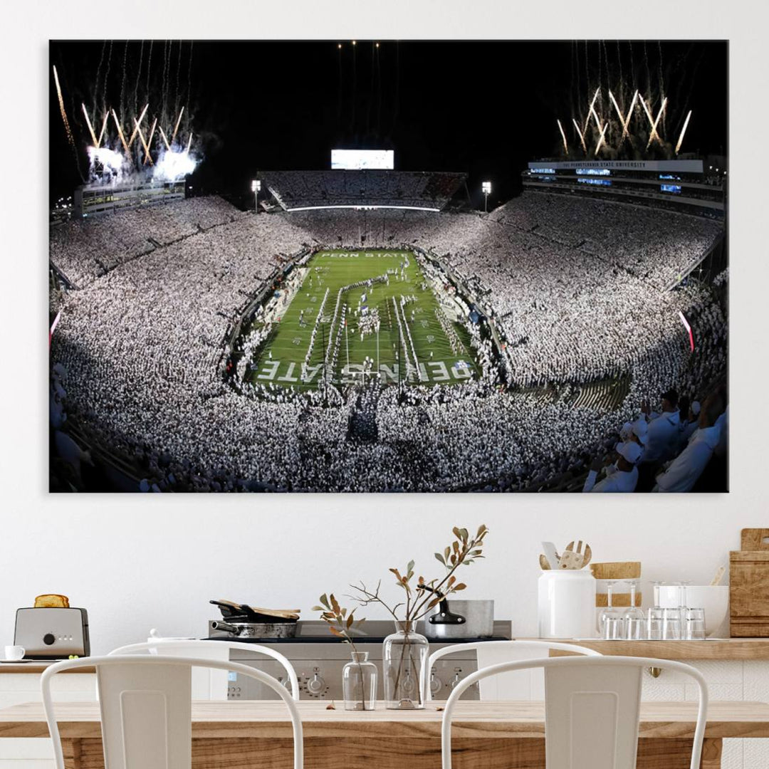 Wide-angle print of a packed stadium with fireworks, ideal gallery-quality wall art - Penn State Nittany Lions Canvas.