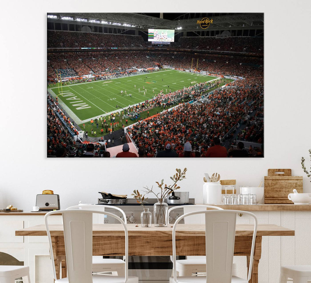 Aerial view of a Miami Hurricanes game at Hard Rock Stadium captured on canvas print, showcasing the teams on the field and fans in the stands.