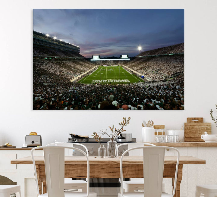 Wall art featuring a stadium at dusk with full stands—ideal for the Michigan State Spartans Football Team Canvas Print.