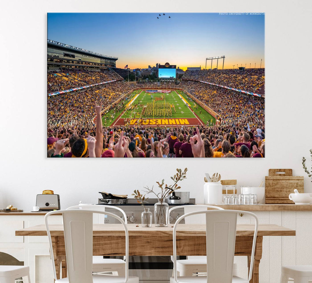 The University of Minnesota Golden Gophers Football Team Print, capturing a sunset scene, is ideal for gallery-quality wall art.