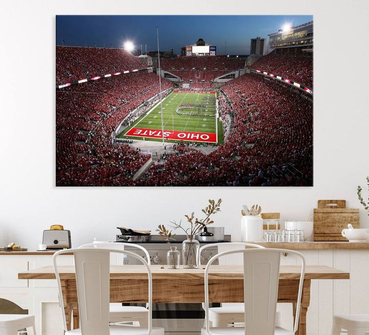 Premium gallery-quality canvas wall art featuring an aerial view of a packed Ohio State stadium at dusk, highlighting the Buckeyes.