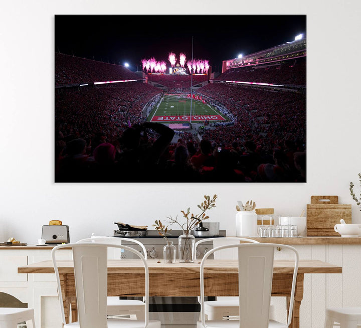 Premium canvas wall art featuring Ohio State University Buckeyes football stadium and fireworks.