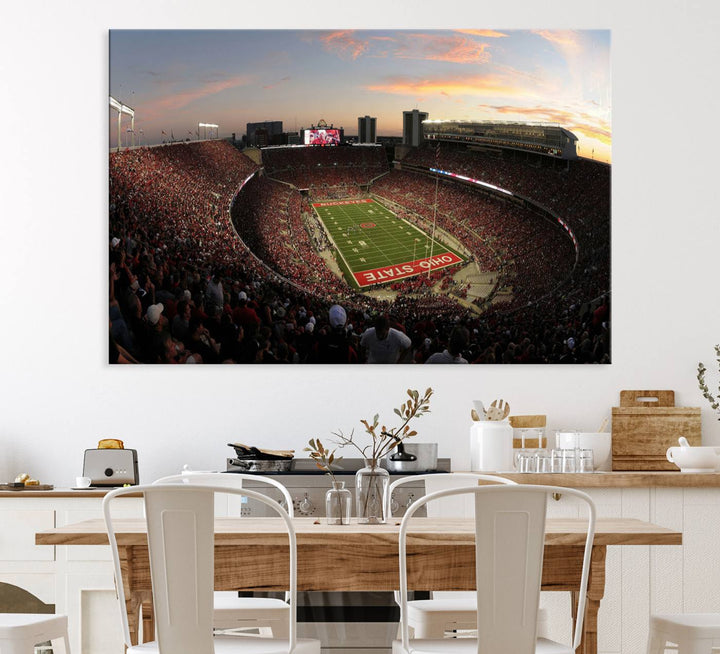 The canvas wall art captures a stunning stadium view of a sunset over Ohio State University Buckeyes football fans.