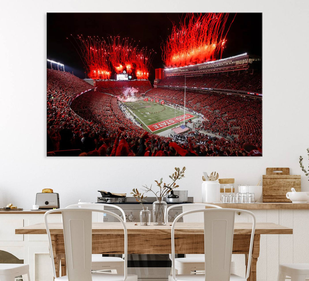 A vibrant red canvas art of a packed Ohio State Buckeyes stadium at night with fireworks.