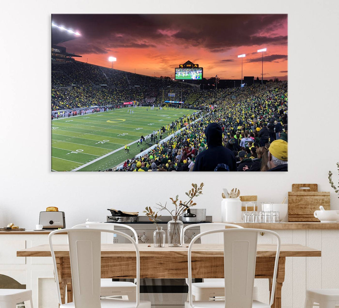 This stunning wall art print captures a vibrant sunset at Eugene Autzen Stadium.