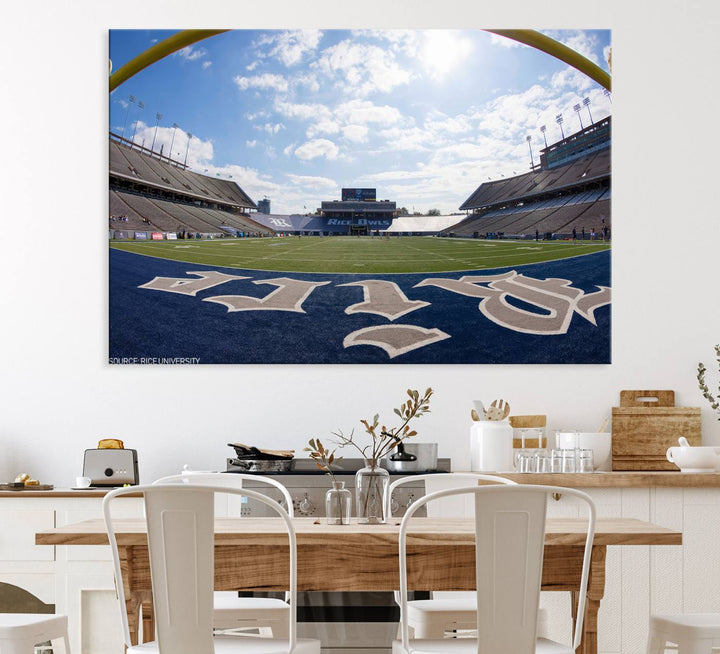 Fish-eye view of an empty stadium, ideal wall art on premium canvas: Rice University Owls Football Team Print.