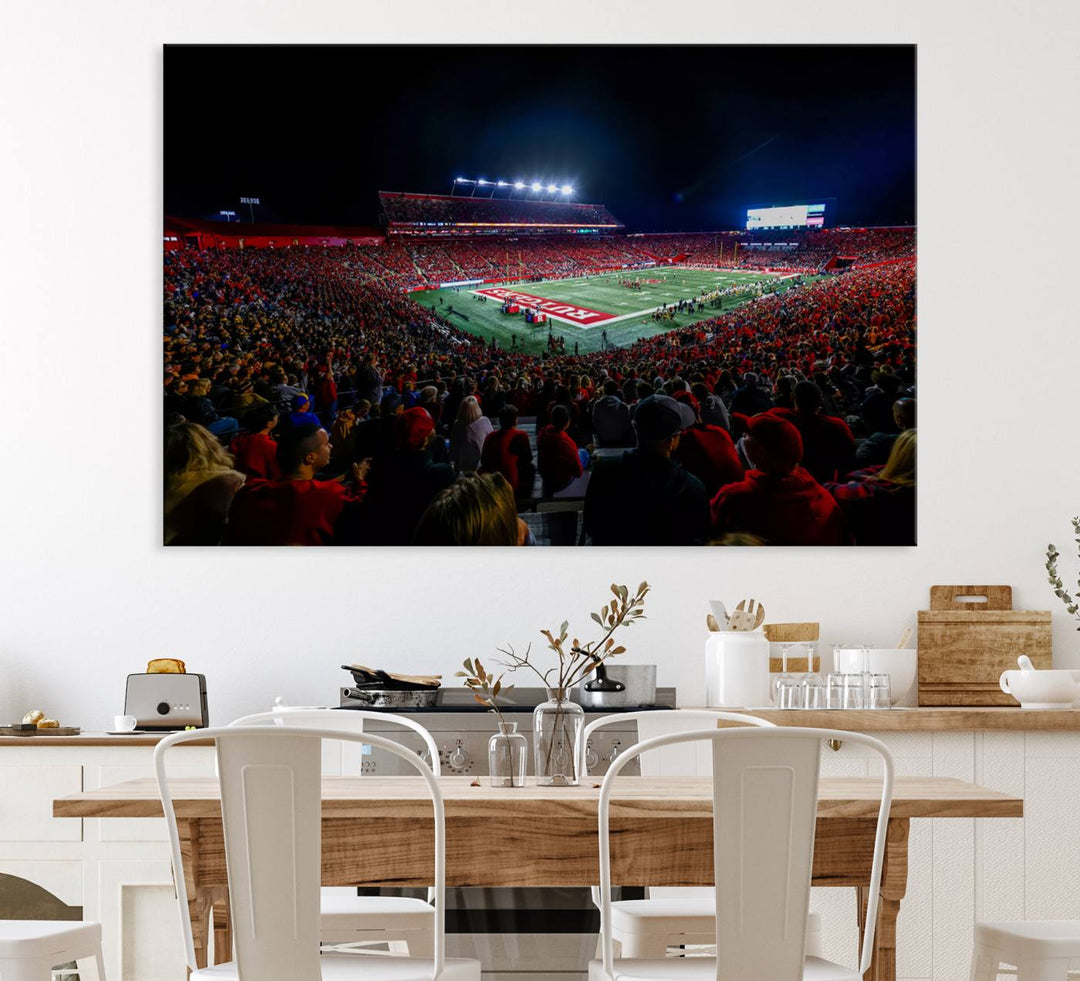 A premium canvas wall art print depicting Rutgers Scarlet Knights SHI Stadium filled with fans under vibrant lights.