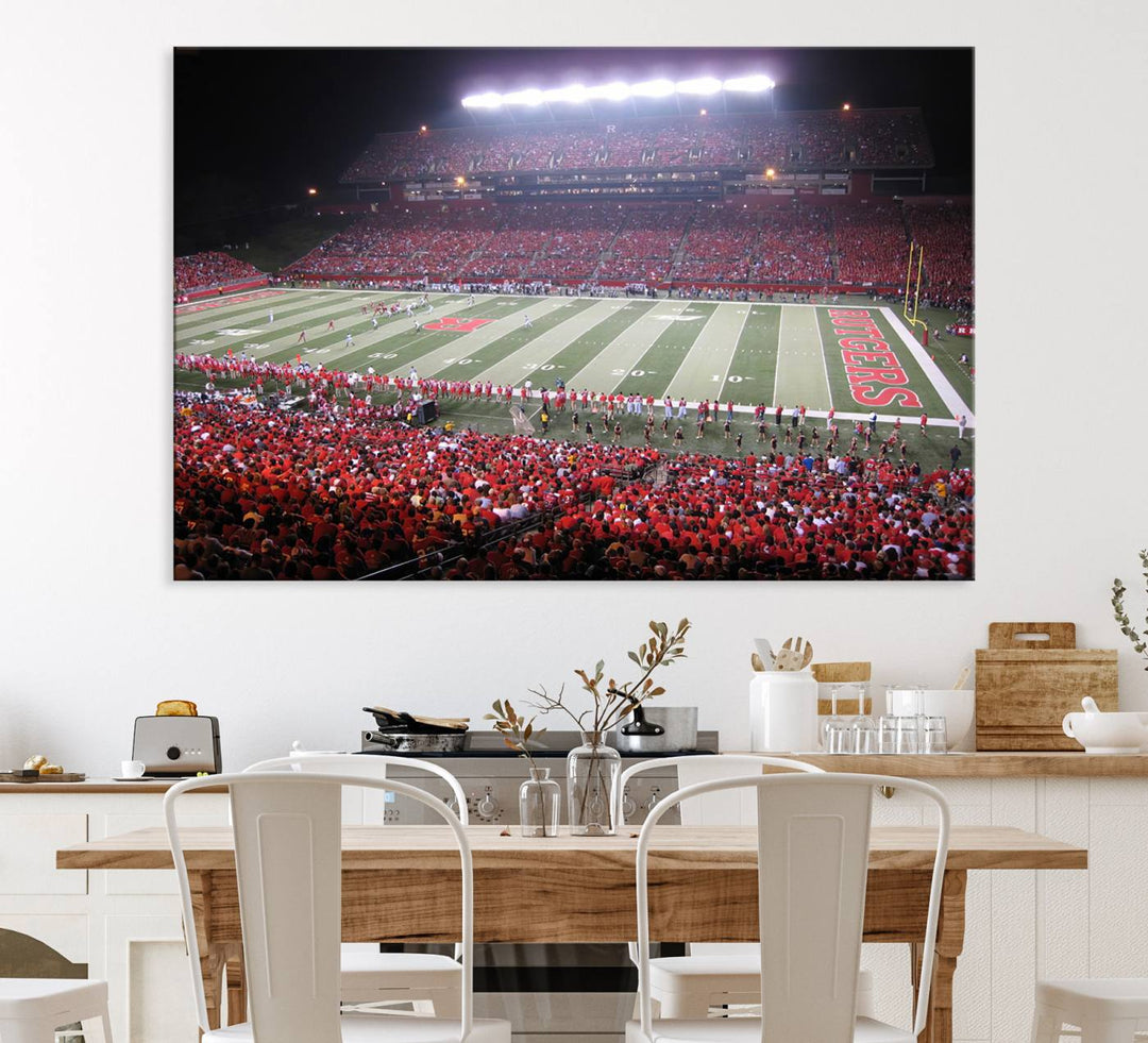 A bustling night game at SHI Stadium is captured as Rutgers Scarlet Knights wall art on a gallery-quality canvas print.