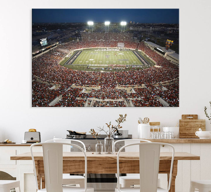 Canvas wall art featuring an aerial view of the Texas Tech Red Raiders packed night game at Lubbock’s Jones AT&T Stadium.