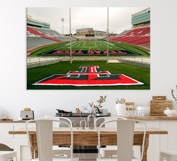 Gallery-quality print of Lubbock Jones AT&T Stadium featuring the Texas Tech Red Raiders field, highlighted by red and gray bleachers.