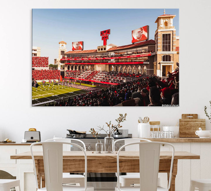 The three-panel Jones AT&T Stadium wall art is ideal for enhancing the living room decor of college football fans.