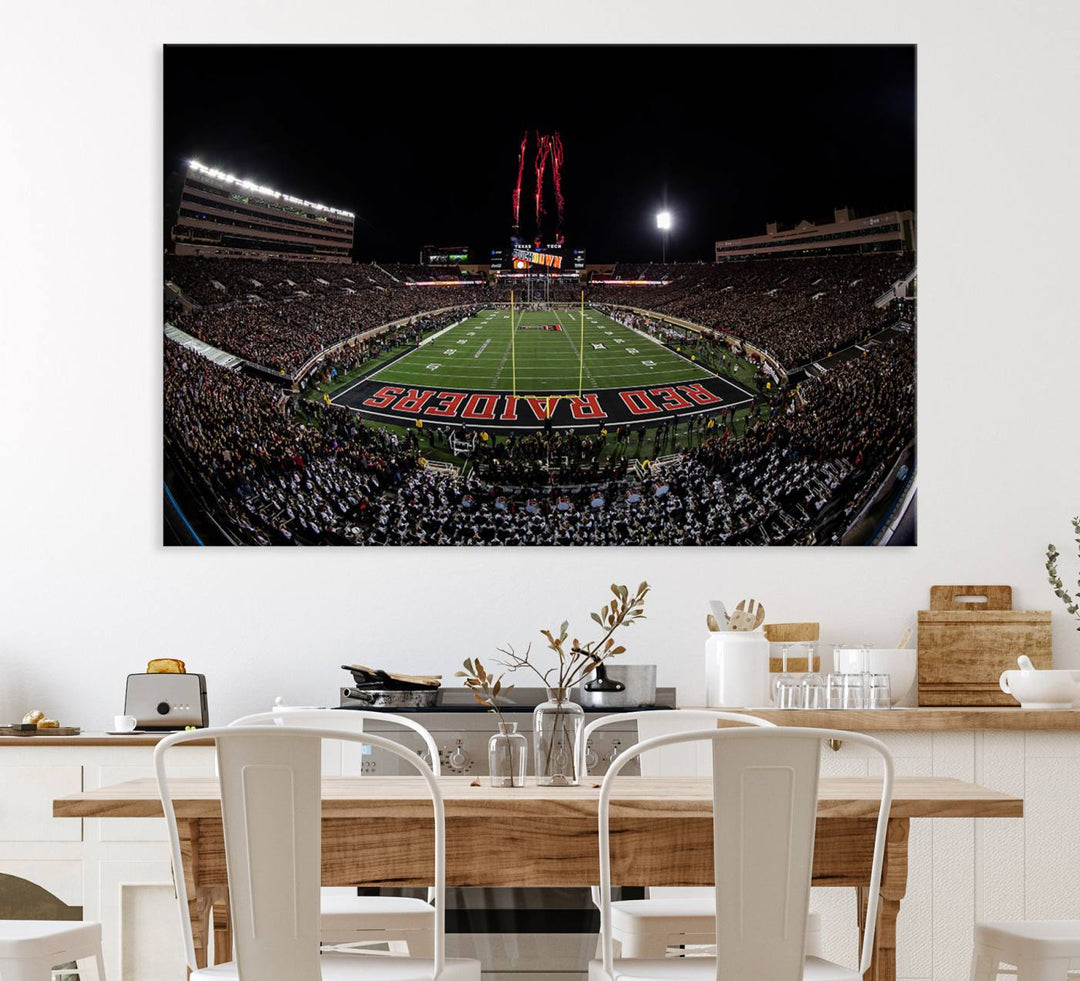 The wall features a Texas Tech Red Raiders Football Team Print on canvas, showcasing fireworks over a packed stadium at night.