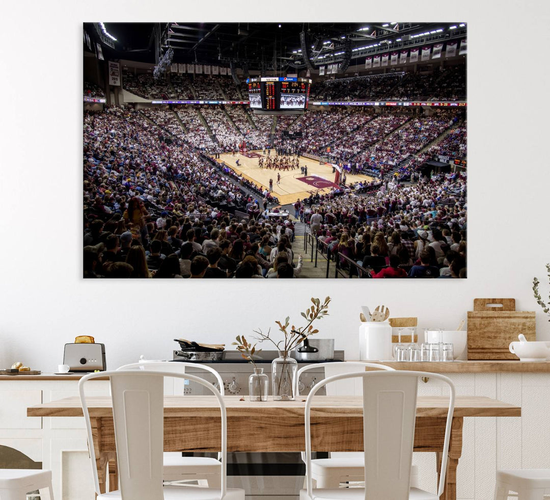 The Nebraska Basketball Arena Wall Art Canvas features an arena filled with Cornhuskers fans and players beneath a scoreboard.