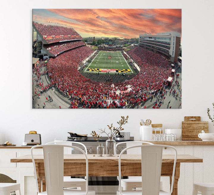 A packed SECU Stadium at sunset, ideal for your University of Maryland Terrapins Football Team wall art canvas print.