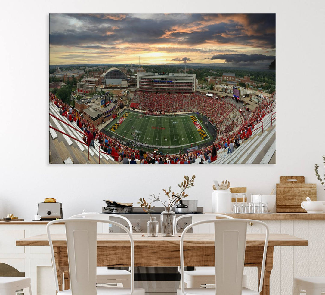 The University of Maryland Terrapins Football Team Print features SECU Stadium at sunset with vibrant skies.