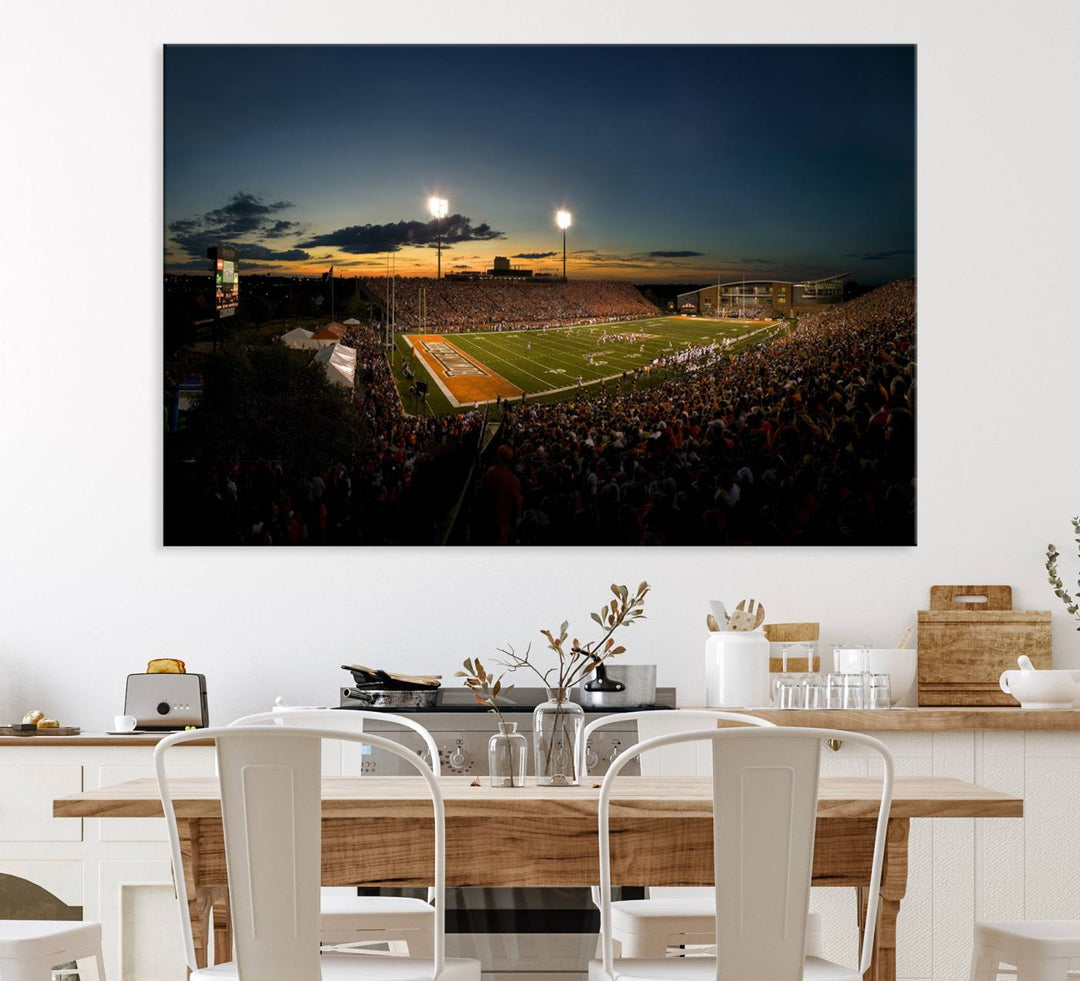 Ball State Cardinals Football Team Print - Muncie Scheumann Stadium Canvas featuring a sunset, floodlights, and lively crowd.