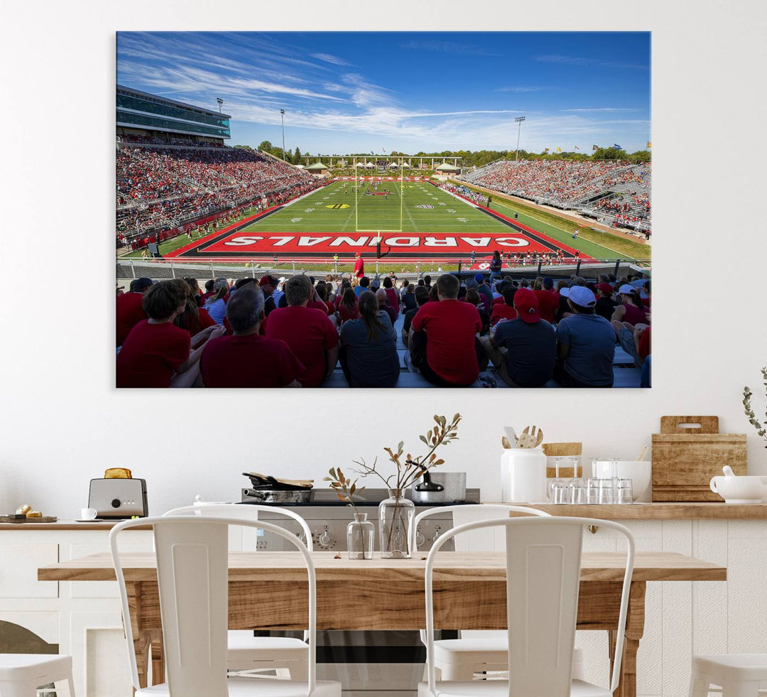 The Ball State Cardinals wall art on canvas depicts fans in red at Scheumann Stadium.