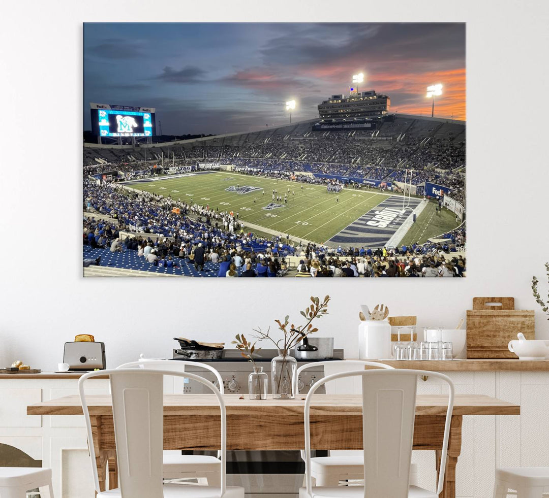 A Memphis Tigers football canvas print of Simmons Bank Liberty Stadium at sunset enhances the living room.