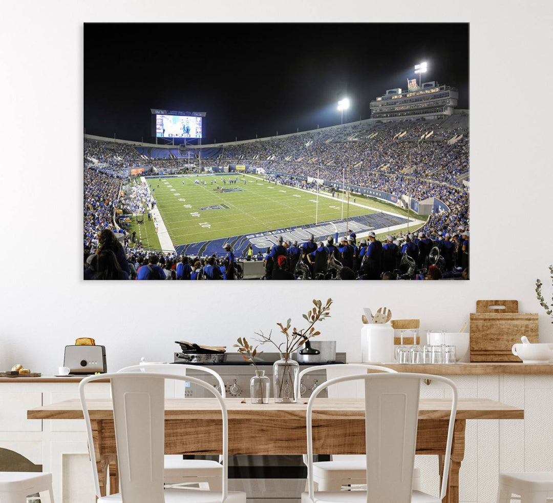 A vibrant depiction of Liberty Stadium at night, highlighting a Tigers football game on the large screen with stands filled with enthusiastic fans.