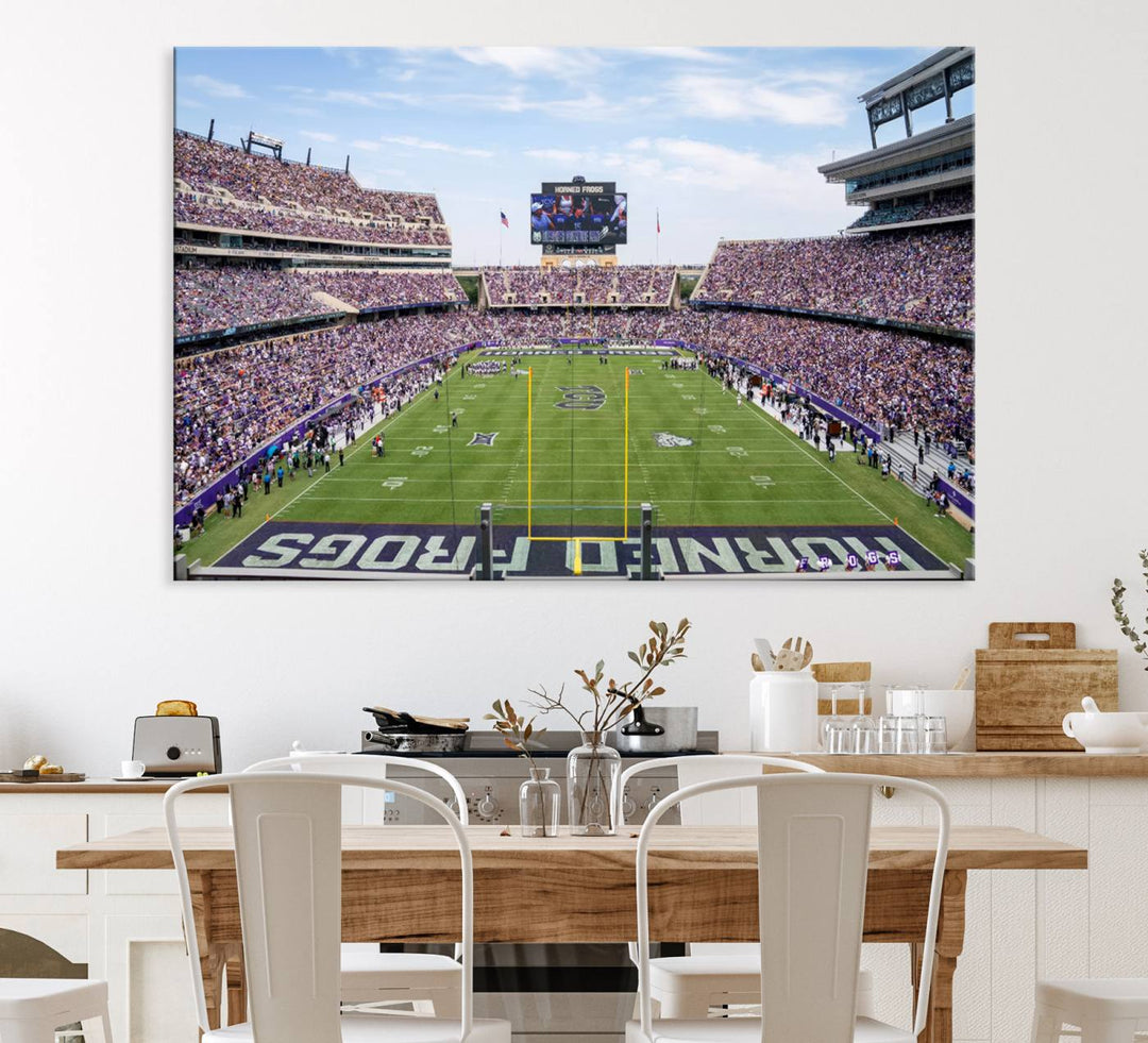 The TCU Horned Frogs print portrays a vibrant Amon G. Carter Stadium, filled with energy and game action.