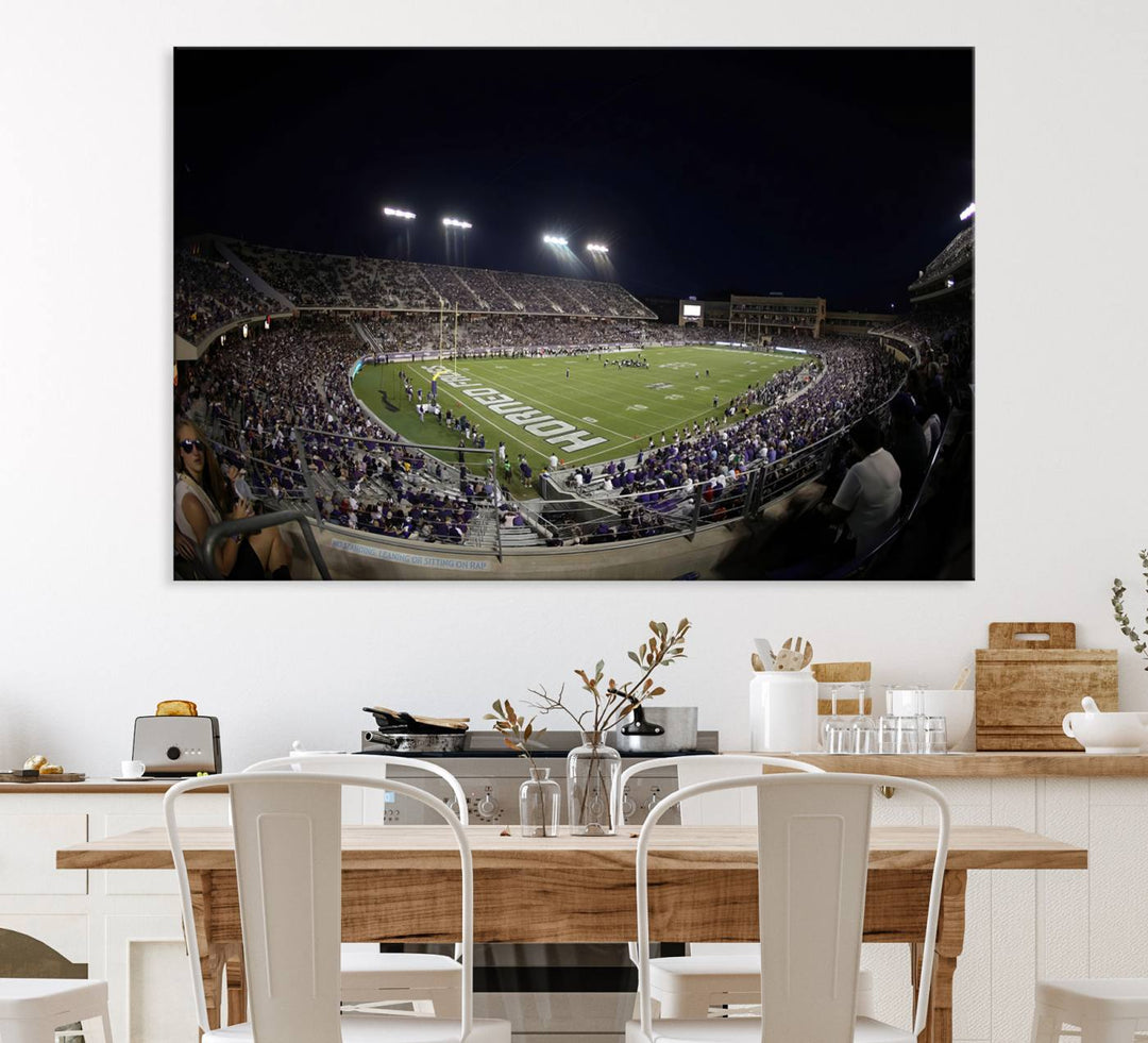 The wall art print features a night view of Amon G. Carter Stadium filled with TCU fans, showcased in the Horned Frogs Football Canvas Wall Art.