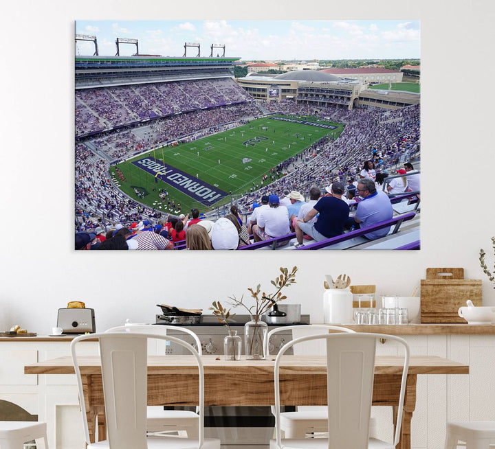 Amon G. Carter Stadium wall art canvas showcasing the TCU Horned Frogs and packed stands at Fort Worth.