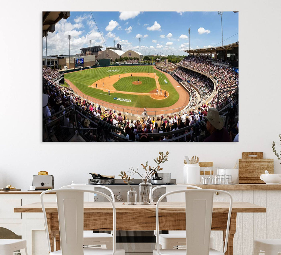 A baseball stadium under a blue sky, capturing the energy of The Texas A&M Aggies Athletics Kyle Field Wall Art.