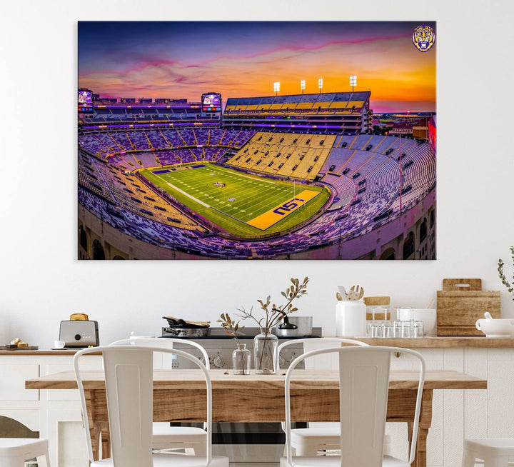 A canvas print of Tiger Stadium at sunset, depicting an empty field and stands, adorns the wall.