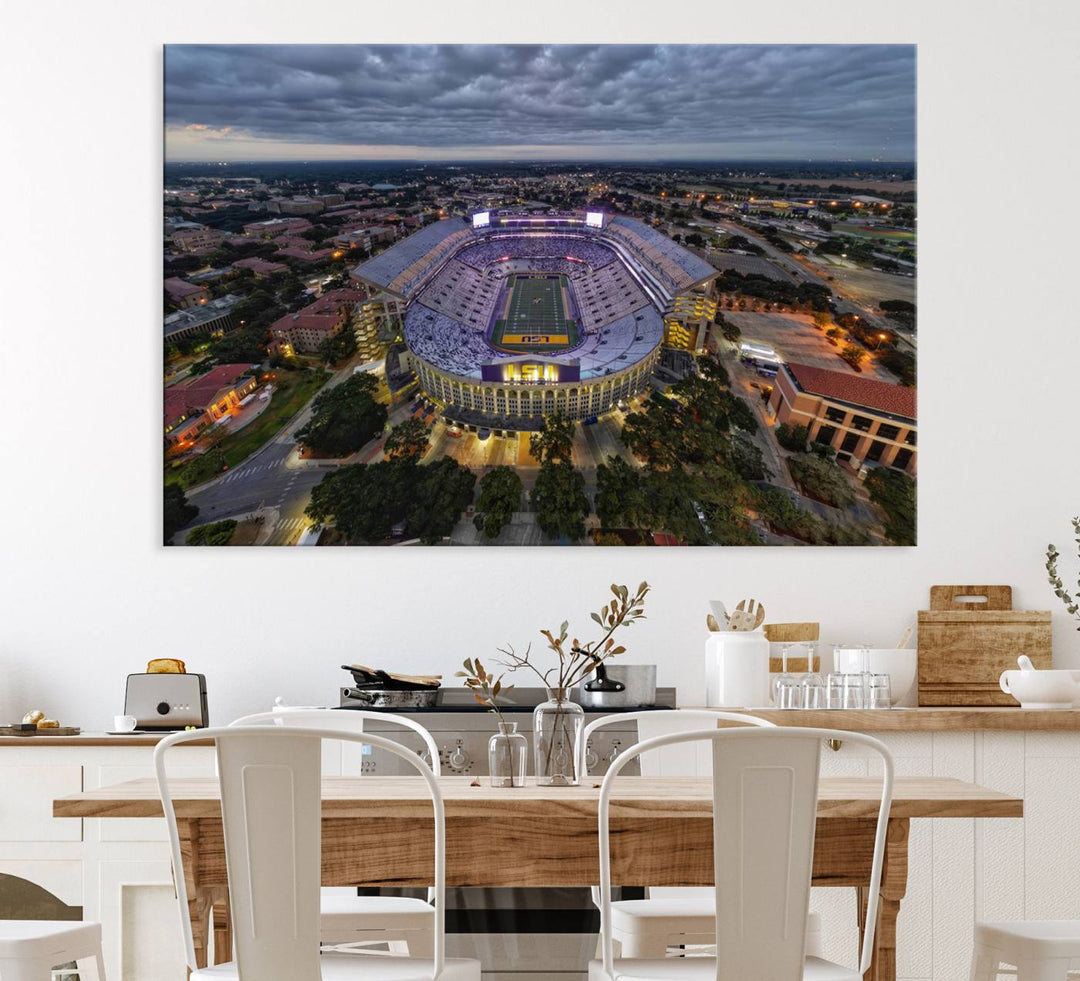 The LSU Tigers Football Team Baton Rouge Tiger Stadium Canvas is displayed prominently, capturing attention with its vivid depiction of the iconic stadium.