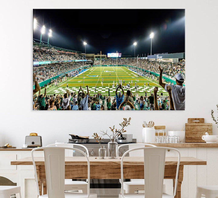 This vibrant wall art canvas print captures the excitement of fans cheering for the Tulane Green Wave Football Team under the lights of Yulman Stadium.