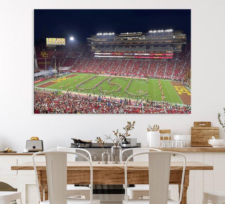 Canvas print depicting a packed stadium at night with a marching band forming USC, celebrating the Trojans at Los Angeles Memorial Coliseum.