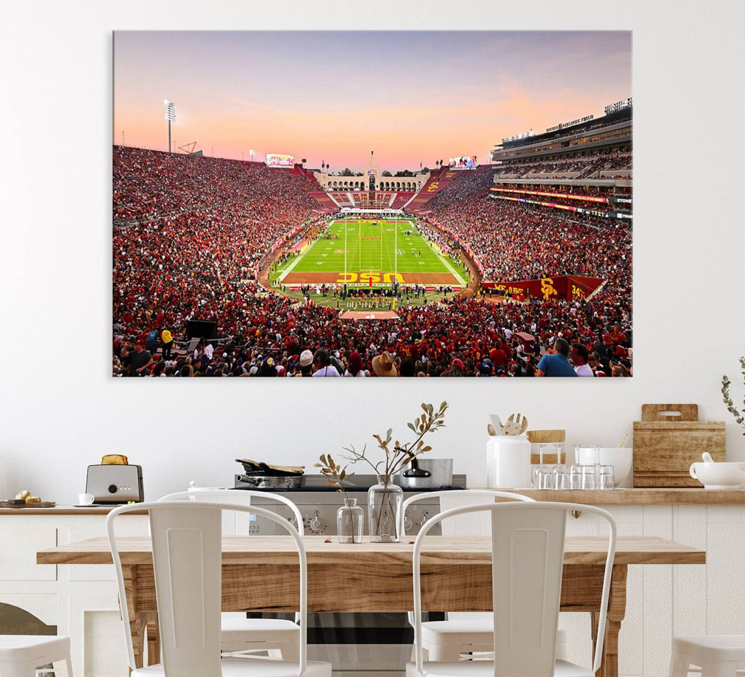 A USC Trojans wall art canvas print highlights the scene, depicting the Coliseum Stadium at sunset.