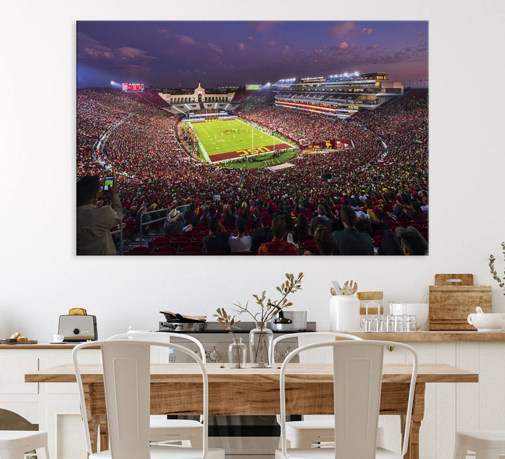 The vibrant wall art canvas print captures the USC Trojans playing under lights at dusk in LA Memorial Coliseum.